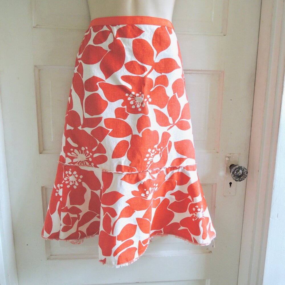J. Crew Orange & White Floral Linen Trumpet Skirt 8